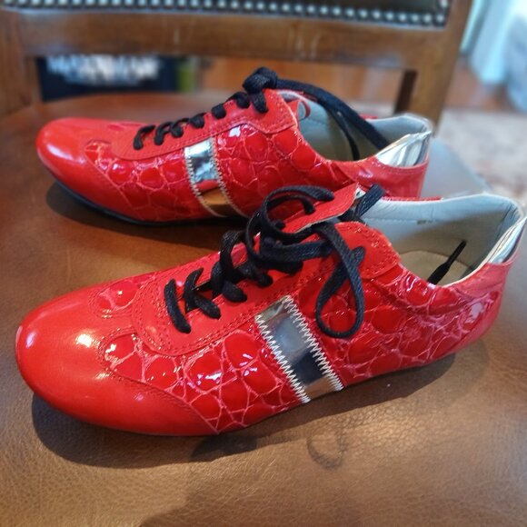 Sharp red leather ladies sneakers. - Picture 1 of 5